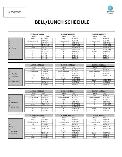 Standardized Lunch Schedule Templates At