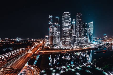 Cityscape Skyline Skyscraper Night City Lights Moscow Wallpapers