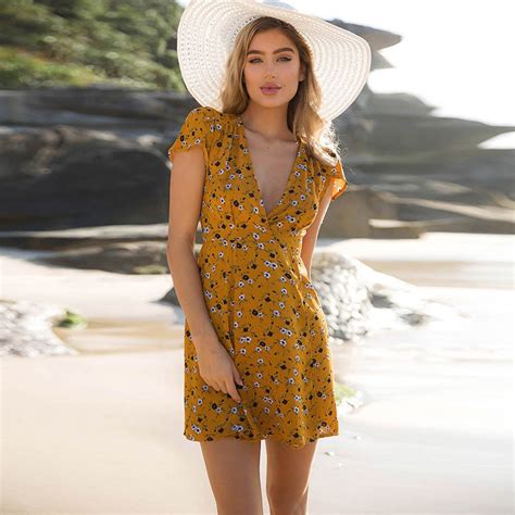 yinlinhe yellow wrap beach dress mini sexy v neck women summer beach dress short sleeve floral