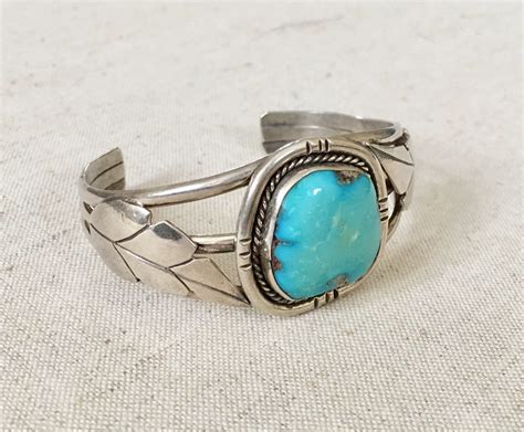Vintage Navajo Turquoise Bracelet Cuff Sterling Silver With Feather
