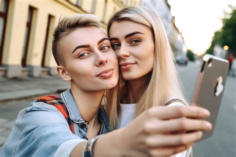 Premium Ai Image Shot Of A Young Lesbian Couple Taking Selfies Together Outside