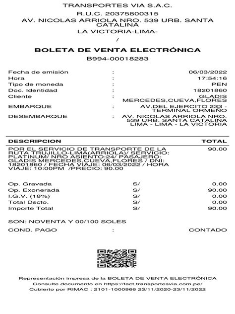 Boleta De Venta Electrónica Descripcion Total Pdf