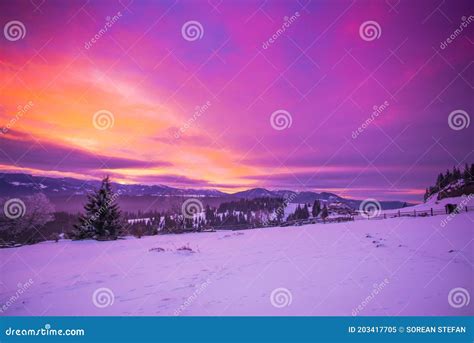 Winter Landscape In The Mountains At Sunrise Stock Image Image Of