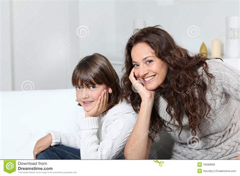 Smiling Mother And Daughter In Sofa Stock Image Image Of Portrait Closeup 16289699