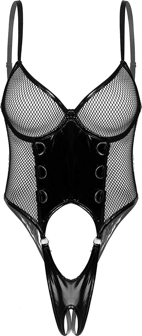 Iixpin Womens One Piece Hollow Out Mesh Bodysuit Lace Up Back Leather