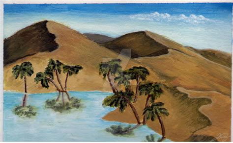 Painting Of A Desert Oasis Gouache On Canvas By Futureaesthetic On