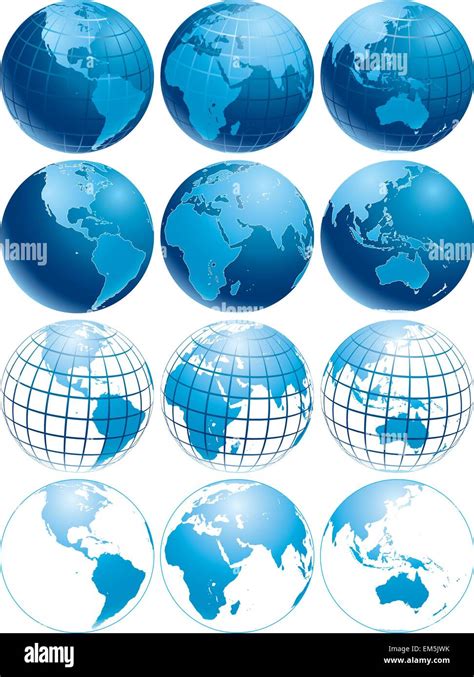 Vector Illustration Of Three Different Shiny Blue Earth Globes With