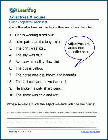 adjectives  nouns worksheets  grade   learning