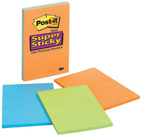 Post It Super Sticky Notes Lined 4x6 In Assorted Colors 3 Ea Pack Of