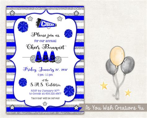 Cheer Banquet Invitation On Stripes Background With Silver Etsy