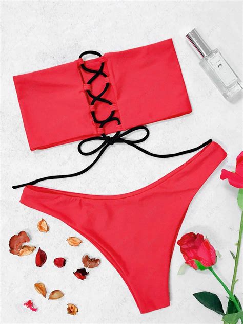 20 Off 2019 Lace Up Bandeau Bikini Set In Red Zaful