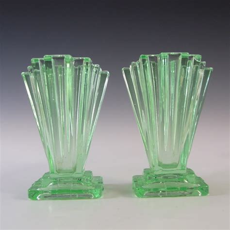 Bagley 334 Pair Of Art Deco 4 Green Glass Grantham Vases £6175