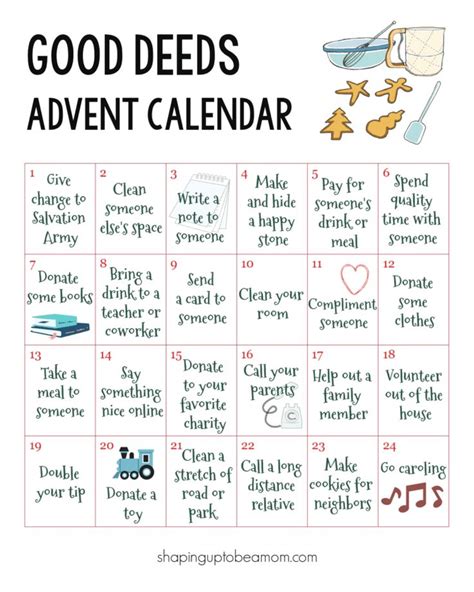 Good Deeds Advent Calendar Free Printable Shaping Up To Be A Mom