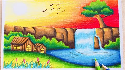 วาดรูปธรรมชาติ น้ำตก สีไม้ How To Draw Waterfall With Color Pencil