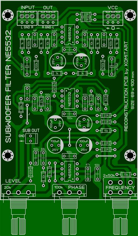 This is a 3 band tone circuit, using the ne532 ic for clear sound quality, adjusting (bass mid treble) wide frequency range. Subwoofer Filter NE5532 Schematic and PCB.