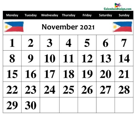 November 2021 Calendar Philippines Calendar Word Calendar Printables
