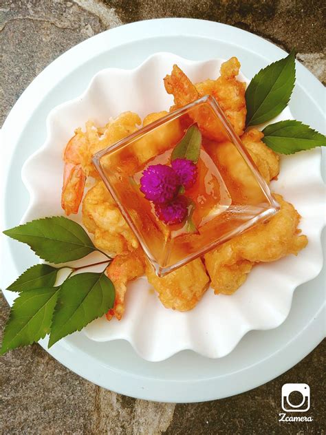 Golden Shrimp With Peach Bang Bang Chili Sauce On The Menu Tangies