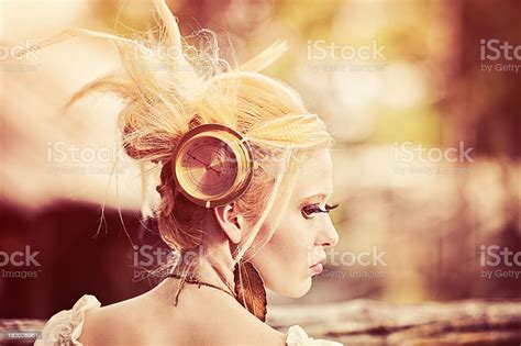 Steampunk Woman With Paranormal Meter Reader Attached To Her Head Stock