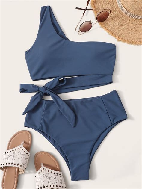 Ad One Shoulder Top With High Waist Bikini Set Yescanberemovedblue