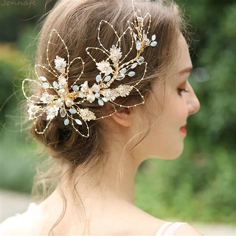 jonnafe generous gold leaf bridal hair crown clip crystal women wedding prom hair piece