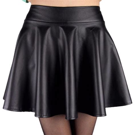 Fashion Women Faux Leather Skirt High Waist Skater Flare Mini Skirt Above Knee Solid Color