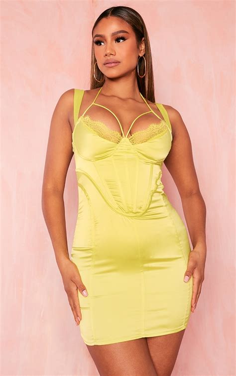 lime satin underwired lace strappy bodycon dress prettylittlething ie