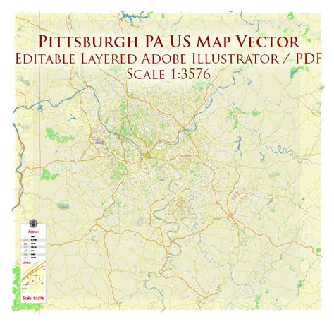 Pittsburgh Pennsylvania Metro Area Map Vector Accurate High Detailed