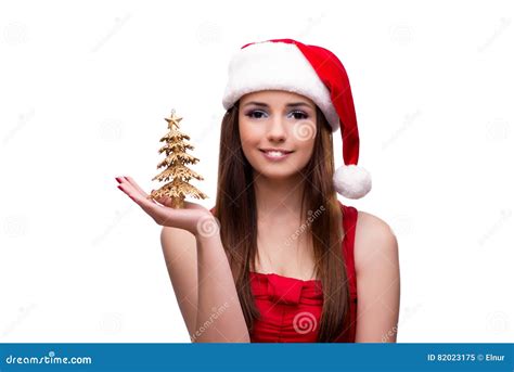 The Young Santa Girl In Christmas Concept Isolated On White Stock Image Image Of Evergreen
