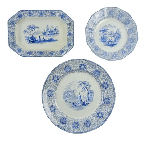 Blue And White Senic Transferware Plates Group Set Of 3 On