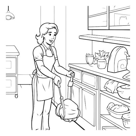 Premium Vector Housewife Cleaning The Kitchen Black And White Vector