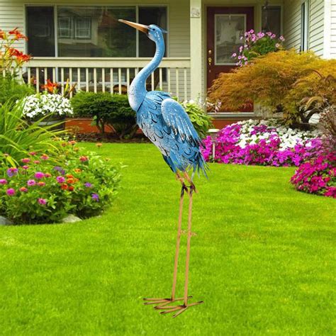 Buy Goodeco 96cm Standing Blue Metal Crane Statue Garden Ornaments
