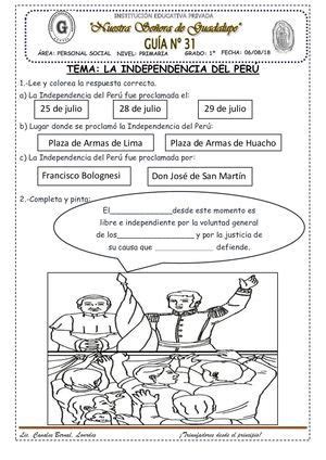 Al comienzo escoger quien va a comenzar el juego diciendo la frase. La Independencia Del Perú(31) | Hojas de trabajo para primer grado, Lectura y escritura ...