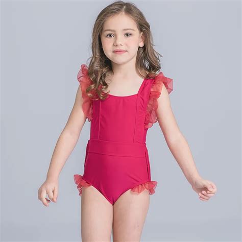 2017 Red Lace Swimsuit Girls One Piece Swimwear Solid Bodysuit Children