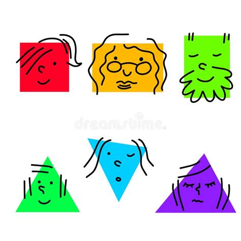 Set Of Various Bright Basic Geometric Figures With Face Emotions Stock