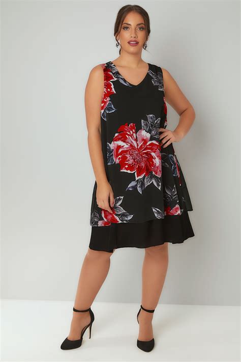 Black Multi Floral Print Sleeveless Chiffon Layered Dress Plus Size