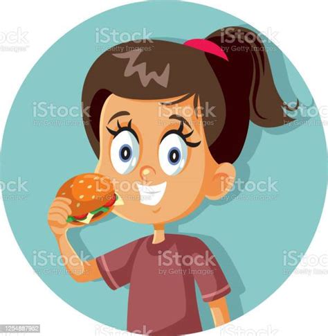 Mutlu Kız Hamburger Vektör Karikatür Yeme Stok Vektör Sanatı And Yemek Yemek‘nin Daha Fazla