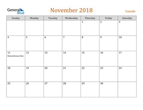 Canada November 2018 Calendar With Holidays