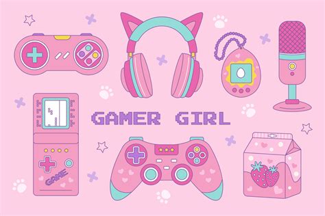 Gamer Girl Set Of Kawaii Style Elements Vintage Pink 90s Games Vector