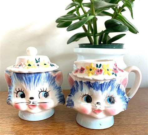 Vintage Japan Miss Priss Blue Kitty Cat Creamer Sugar Bowl Mod Retro 1960s 3243020530