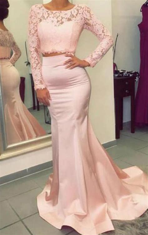 Macloth Two Piece Long Sleeves Lace Mermaid Prom Dress Pink Formal Eve