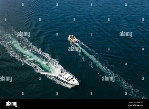 Speed Boats Aerial View On Blue Sea Stock Photo Alamy