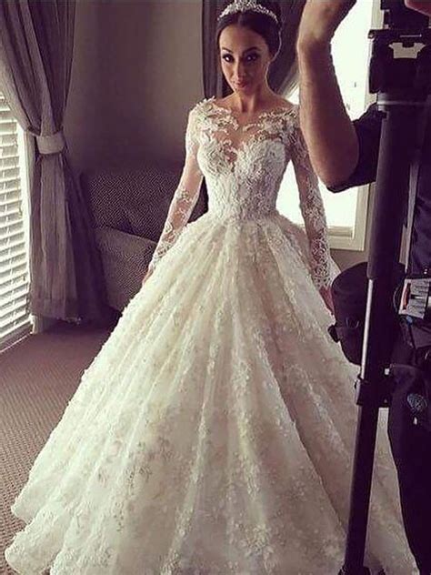 Ball Gown Long Sleeves Scoop Court Train Lace Wedding Dresses At Hebeos