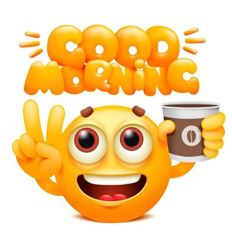 Premium Vector Good Morning Web Sticker Yellow Emoji Cartoon Character With Coffee Cup