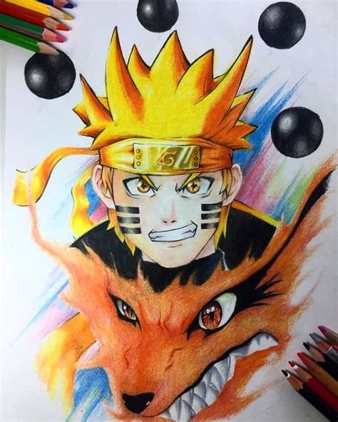 A Drawing Of Naruto And His Wolf Friend With Colored Pencils On Paper