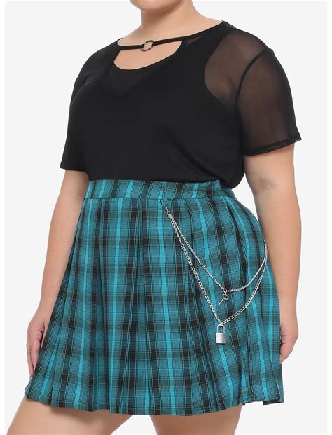 Teal Plaid Pleated Chain Skirt Plus Size Hot Topic