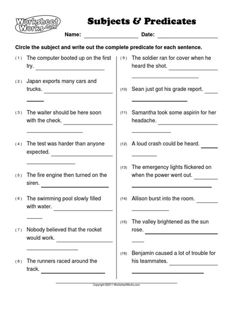 Worksheet Works Subjects And Predicates 1