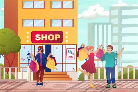 Street Shopping With Customers Concept In Flat Cartoon Design Men And