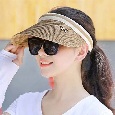 Cute Bow Sun Hat Women Topless Beach Hat Wide Brim Straw Visor Hat Cap