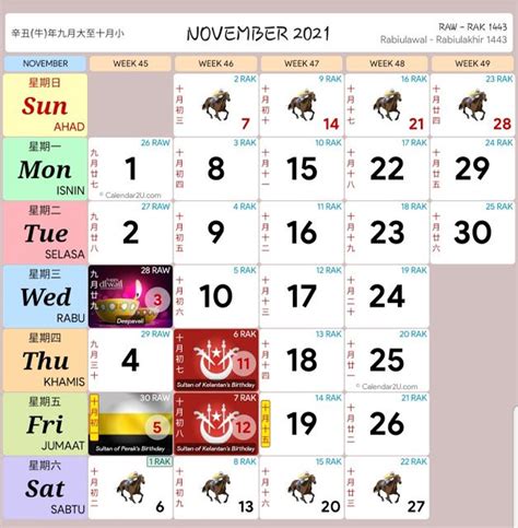Berikut dikongsikan kalendar 2021 malaysia yang memaparkan tarikh senarai tarikh cuti umum public holidays (hari kelepasan am negeri dan persekutuan) dan tarikh cuti sekolah 2021 untuk seluruh negeri di malaysia. KALENDAR KUDA MALAYSIA TAHUN 2021 ~ KALENDAR KUDA MALAYSIA ...