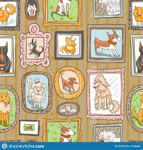 Cute Dogs Retro Portraits Seamless Pattern Vintage Vector Background